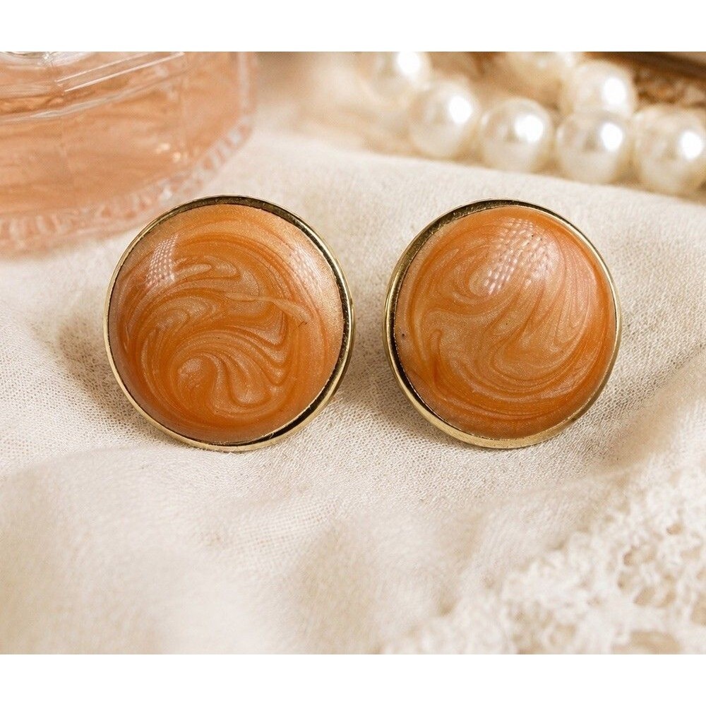Vintage 1980s Peach Orange Swirl Earrings Gold Tone Round Statement Pierced